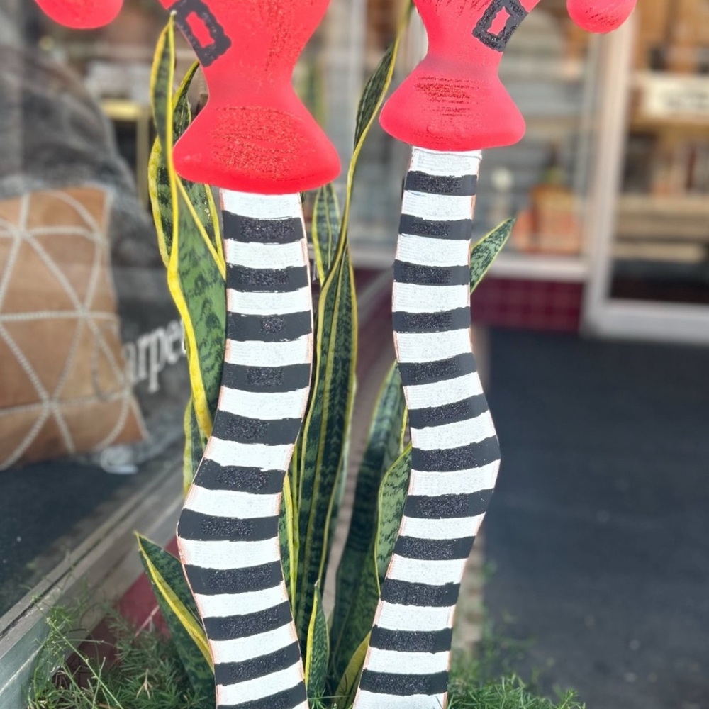 Metal Witch Legs Stakes in Red, White, and Black Halloween Witch